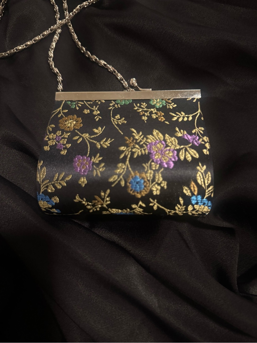 Black floral embroidered evening, clutch with chain strop